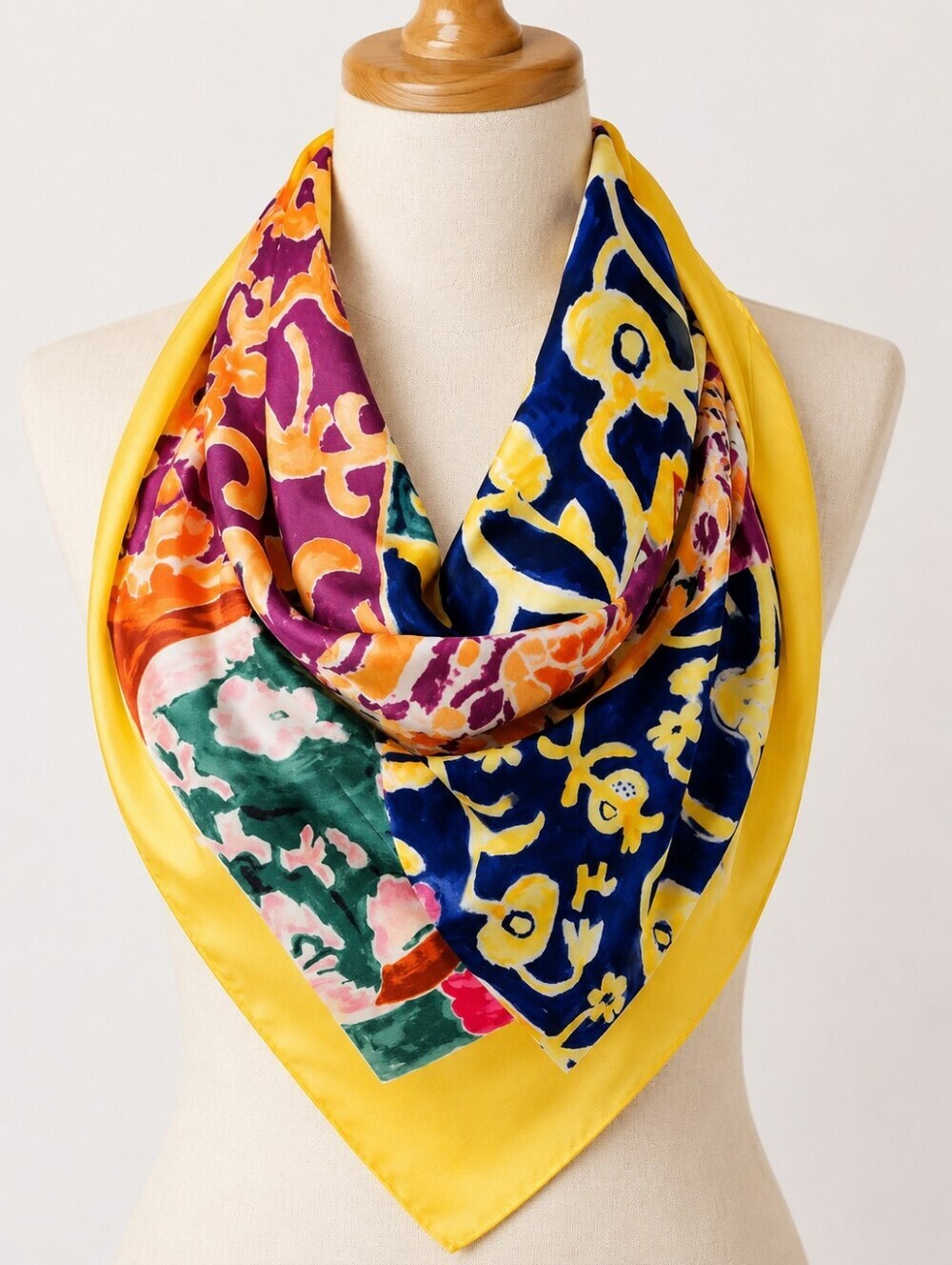 Vintage Silk Feel Scarf Rolled Edge Colorblock Floral Baroque Yellow Border